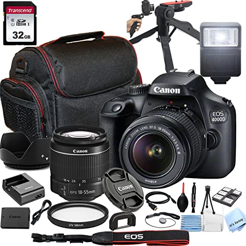 Canon EOS 4000D DSLR Camera with 18-55mm f/3.5-5.6 Zoom Lens,32GB Memory, Case,Tripod w/Hand Grip and More(28pc Bundle) (Renewed)