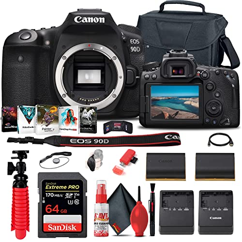 Canon EOS 90D DSLR Camera (Body Only) (3616C002) + 64GB Memory Card + Case + Corel Photo Software + LPE6 Battery + Charger + Card Reader + Flex Tripod + Hand Strap + More (Renewed)