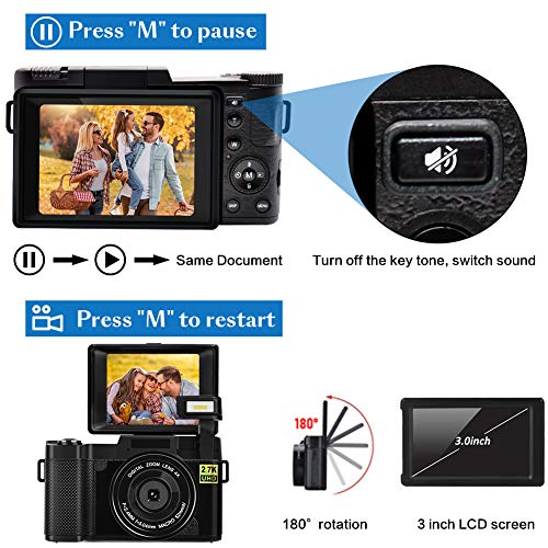 Digital Camera 30.0 MP Vlogging Camera 2.7K Full HD Vlog Camera with 3 Inch Flip Screen and Vlogging Camera for YouTube with 2 Batteries (1)