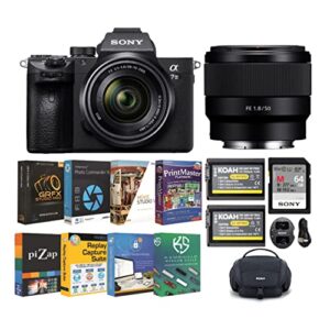 sony alpha a7 iii mirrorless digital camera bundle with 28-70mm oss lens and fe 50mm f/1.8 lens, photo software suite, 64gb sd memory card, rechargeable battery (2-pack) and charger, and bag (6 items)