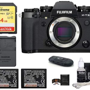 FUJIFILM X-T3 Mirrorless Digital Camera Body (Black) Bundle, Includes: SanDisk 64GB Extreme SDXC Memory Card, Spare Fujifilm NP-W126S Battery + More