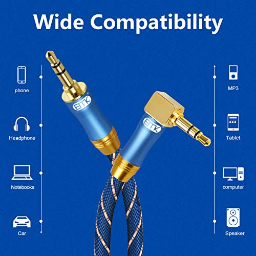 90 Degree Right Angle Aux Cable - [24K Gold-Plated,Sound Quality]EMK Audio Stereo Male to Male Cable for Laptop, Tablets, MP3 Players,Car/Home Aux Stereo, Speaker or More (16Ft/5Meters)