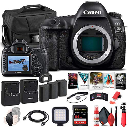 Canon EOS 5D Mark IV DSLR Camera (Body Only) (1483C002) + 64GB Memory Card + Case + Corel Photo Software + 2 x LPE6 Battery + External Charger + Card Reader + LED Light + HDMI Cable + More (Renewed)