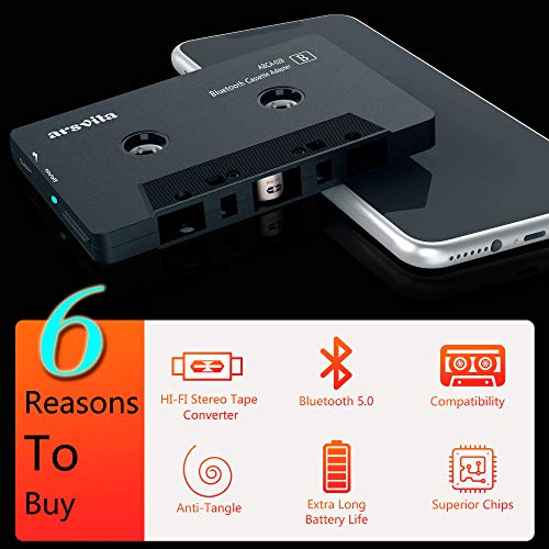 Arsvita Car Audio Bluetooth Cassette Adapter, Tape Player Bluetooth 5.0 Cassette Aux Adapter, White