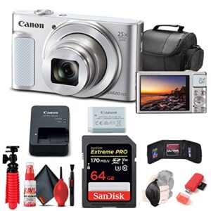 canon powershot sx620 hs digital camera (silver) (1074c001) + 64gb memory card + card reader + deluxe soft bag + flex tripod + hand strap + memory wallet + cleaning kit (renewed)