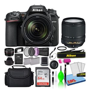 nikon d7500 20.9mp dslr digital camera with 18-140mm vr lens (1582) deluxe bundle with 64gb sd card + large camera bag + filter kit + spare battery + telephoto lens (renewed)