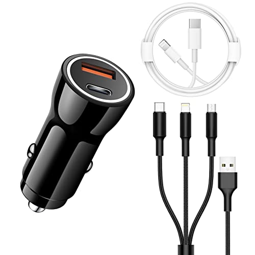 iPhone Fast Car Charger【Apple MFi Certified】Dual USB C&USB Power Rapid Car Charger Adapter with 6FT Fast Charging Cable and 3in1 Cord for iPhone 14 13 12 11 Pro/XS/XR/SE/X/iPad/AirPods,Samsung Galaxy