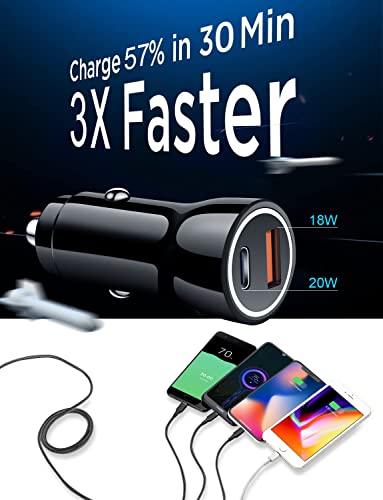 iPhone Fast Car Charger【Apple MFi Certified】Dual USB C&USB Power Rapid Car Charger Adapter with 6FT Fast Charging Cable and 3in1 Cord for iPhone 14 13 12 11 Pro/XS/XR/SE/X/iPad/AirPods,Samsung Galaxy