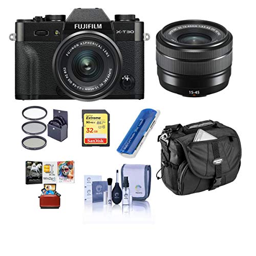 Fujifilm X-T30 Mirrorless Camera with XC 15-45mm f/3.5-5.6 OIS PZ Lens Black - Bundle with Camera Case, 32GB U3 SDHC Card, Cleaning Kit, Card Reader, 52mm Filter Kit, Mac Software Package