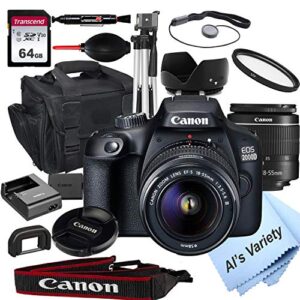 canon 2000d eos dslr camera (rebel t7) with 18-55mm f/3.5-5.6 zoom lens + 64gb card, tripod, case, and more (18pc bundle) (renewed)