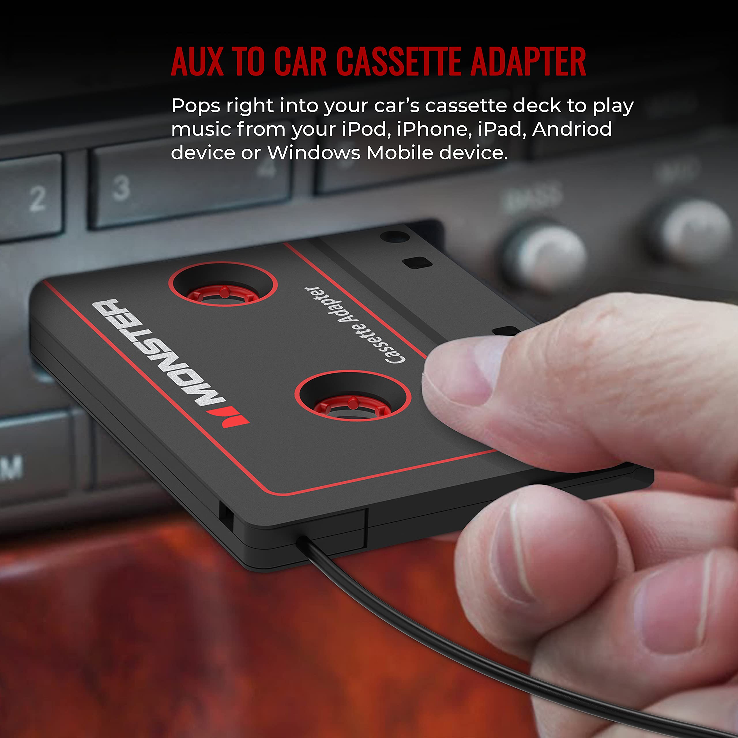 Monster Aux Cord Cassette Adapter 800 - iCarPlay for Car Tape Deck, Auxiliary To Dashboard, MP3 Player, iPod and iPhone - 3 ft Black Cable