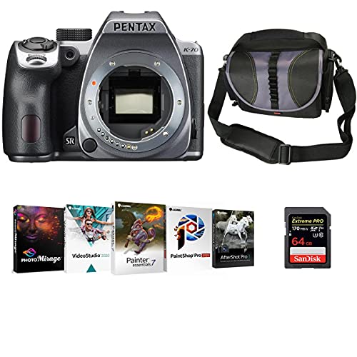 Pentax K-70 DSLR Body, Silver Bundle with Corel PC Photo Editing Software, Bag, 64GB SD Card