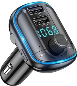 bluetooth fm transmitter for car – bluetooth car adapter radio transmitter, dual usb car charger, mp3 music player bluetooth 5.0 car kit with breathing light, hands-free calls siri google assistant