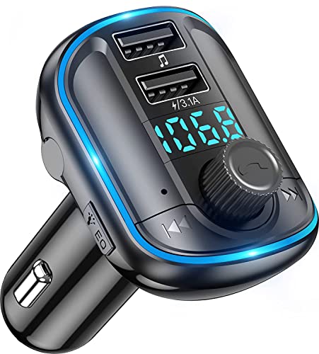 Bluetooth FM Transmitter for Car - Bluetooth Car Adapter Radio Transmitter, Dual USB Car Charger, MP3 Music Player Bluetooth 5.0 Car Kit with Breathing Light, Hands-Free Calls Siri Google Assistant