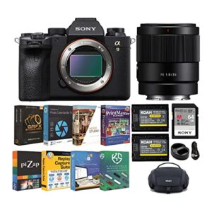 sony alpha 9 ii mirrorless full frame interchangeable-lens camera bundle with 35mm f/1.8 e-mount lens, dual battery and chargers, 64 gb memory card, camera bag, and photo software (6 items)