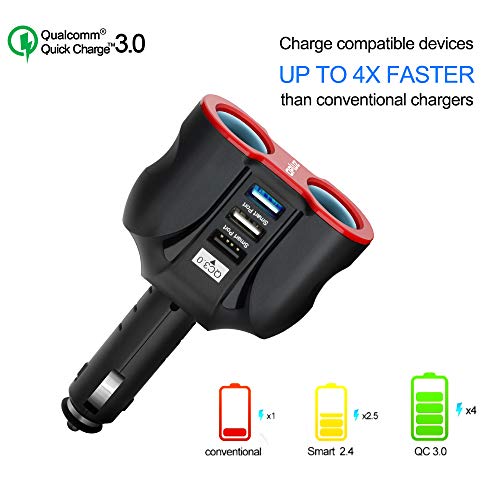 Cigarette Lighter Splitter Car Charger, 120W 2-Socket Cigarette Lighter Splitter + 1 QC3.0 USB Ports + 2 Smart USB Ports for Smart Phones, Tablets, GPS, MP3 Players