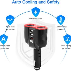 Cigarette Lighter Splitter Car Charger, 120W 2-Socket Cigarette Lighter Splitter + 1 QC3.0 USB Ports + 2 Smart USB Ports for Smart Phones, Tablets, GPS, MP3 Players