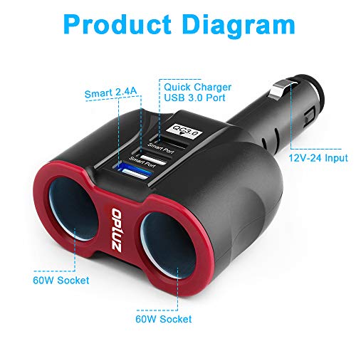 Cigarette Lighter Splitter Car Charger, 120W 2-Socket Cigarette Lighter Splitter + 1 QC3.0 USB Ports + 2 Smart USB Ports for Smart Phones, Tablets, GPS, MP3 Players