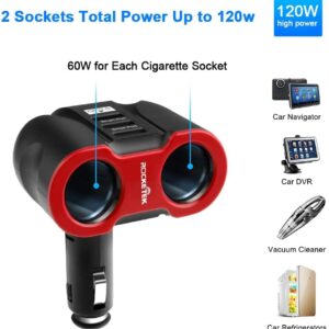 Cigarette Lighter Splitter Car Charger, 120W 2-Socket Cigarette Lighter Splitter + 1 QC3.0 USB Ports + 2 Smart USB Ports for Smart Phones, Tablets, GPS, MP3 Players