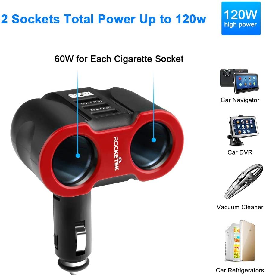Cigarette Lighter Splitter Car Charger, 120W 2-Socket Cigarette Lighter Splitter + 1 QC3.0 USB Ports + 2 Smart USB Ports for Smart Phones, Tablets, GPS, MP3 Players