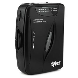 tyler tcp-02 portable stereo cassette player – slim 7 x 5 x 2-inch listening device with tape deck and dual band am/fm radio – retro-style battery-operated music tool with sport earbuds and belt clip