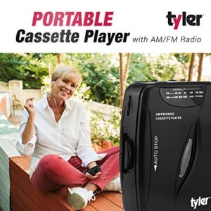 Tyler TCP-02 Portable Stereo Cassette Player - Slim 7 x 5 x 2-Inch Listening Device with Tape Deck and Dual Band AM/FM Radio - Retro-Style Battery-Operated Music Tool with Sport Earbuds and Belt Clip