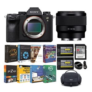 sony alpha 9 ii mirrorless full frame interchangeable-lens camera bundle with fe 50mm f/1.8 lens, dual battery and chargers, 64 gb memory card, camera bag, and photo software (6 items)