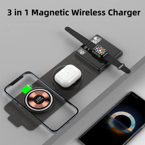 Wireless Charger 3 in 1, ALFUEL 15W Fast Foldable Magsafe Charger, Charging Station for Multiple Devices for iPhone 14/13/12/SE/11, Apple Watch and AirPods(Adapter not Included)