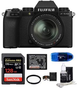 fujifilm x-s10 mirrorless digital camera with 18-55mm lens bundle, includes: sandisk 128gb extreme pro memory card, spare fujifilm battery, uv filter, card reader, lens cleaning kit and more (7 items)
