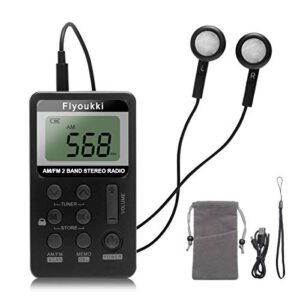 pocket small radio by flyoukki, personal mini am fm portable digital tuning transistor radios with best reception, earphones, lanyard and rechargeable battery for walking jogging exercising (black)