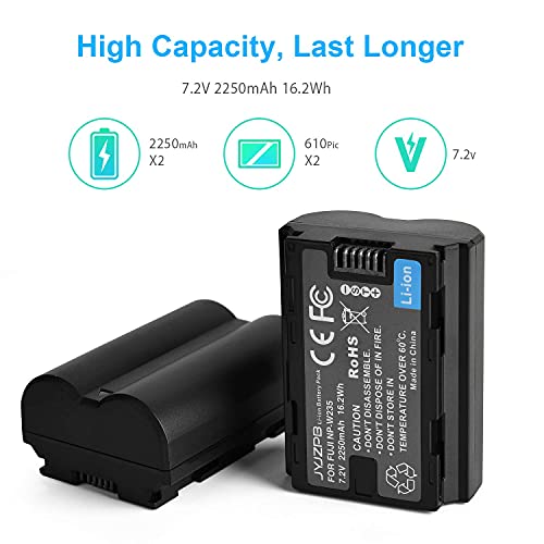 JYJZPB NP-W235 Rechargeable Li-Ion Battery for Fujifilm XT4, 2-Pack Camera Batteries with Battery Charger for Fujifilm X-T4 Camera and VG-XT4 Vertical Battery Grip