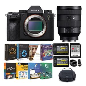sony alpha 9 ii mirrorless full frame interchangeable-lens camera bundle with 24-105mm f/4 e-mount lens, dual battery and chargers, 64 gb memory card, camera bag, and photo software (6 items)