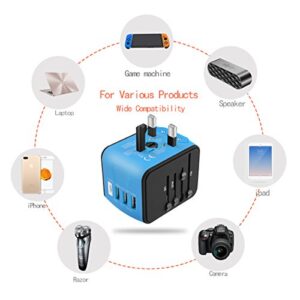 JMFONE Universal Travel Adapter,International Power Adapter High Speed 2.4A 4*USB, Type-C 3.0A Port with Worldwide AC Plug Wall Charger for European, Italy, US, and More 170 Countries (Blue)