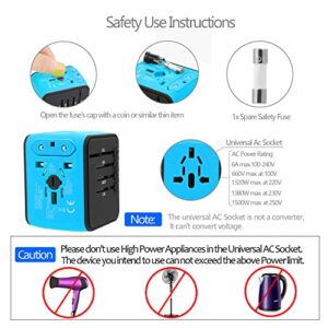 JMFONE Universal Travel Adapter,International Power Adapter High Speed 2.4A 4*USB, Type-C 3.0A Port with Worldwide AC Plug Wall Charger for European, Italy, US, and More 170 Countries (Blue)