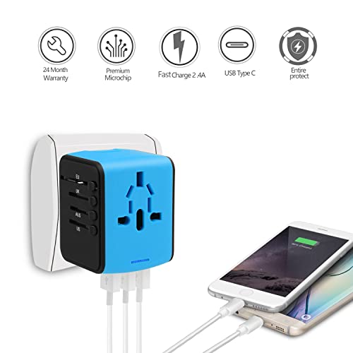 JMFONE Universal Travel Adapter,International Power Adapter High Speed 2.4A 4*USB, Type-C 3.0A Port with Worldwide AC Plug Wall Charger for European, Italy, US, and More 170 Countries (Blue)