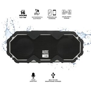 Altec Lansing Mini LifeJacket Jolt Bluetooth Speaker with Qi, Wireless, Waterproof, Portable, Speakers, Loud Volume, Strong Bass, Rich Stereo System, Microphone, 16 Hour Battery, 100 ft Range, Gray