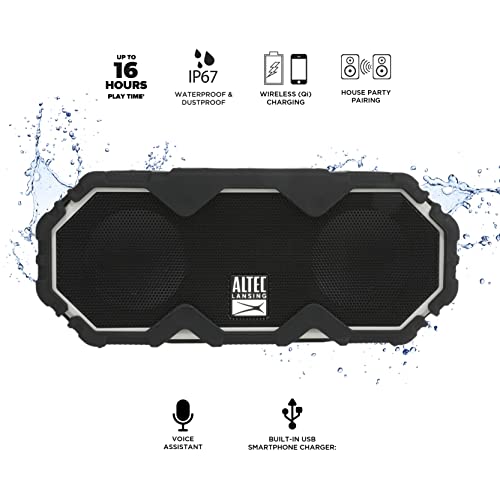 Altec Lansing Mini LifeJacket Jolt Bluetooth Speaker with Qi, Wireless, Waterproof, Portable, Speakers, Loud Volume, Strong Bass, Rich Stereo System, Microphone, 16 Hour Battery, 100 ft Range, Gray