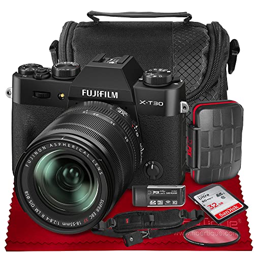 Fujifilm X-T30 4K Wi-Fi Mirrorless Digital Camera with XF 18-55mm Lens Kit - Black with 32GB Bundle and Travel Photo Cleaning Kit