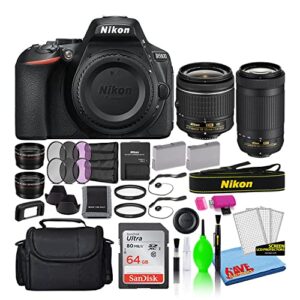 nikon d5600 24.2mp dslr digital camera with 18-55mm and 70-300mm lenses (1580) deluxe bundle with 64gb sd card + large camera bag + filter kits + spare battery + telephoto lens (renewed)