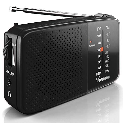 Vondior AM FM Radio - Best Reception and Longest Lasting. AM FM Radio Portable Player Operated by 2 AA Battery, Mono Headphone Socket (Black)