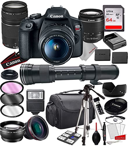 Rebel T7 DSLR Camera with 18-55mm f/3.5-5.6 is II Zoom Lens & 75-300mm III Lens Bundle + 420-800mm Zoom Telephoto Lens + 64GB Memory, Case, Tripod, Extra Battery and More