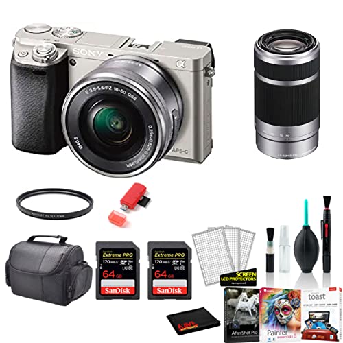 Sony Alpha a6000 Mirrorless Digital Camera with 16-50mm + 55-210mm Lenses with 2X 64GB Memory Card -International Model