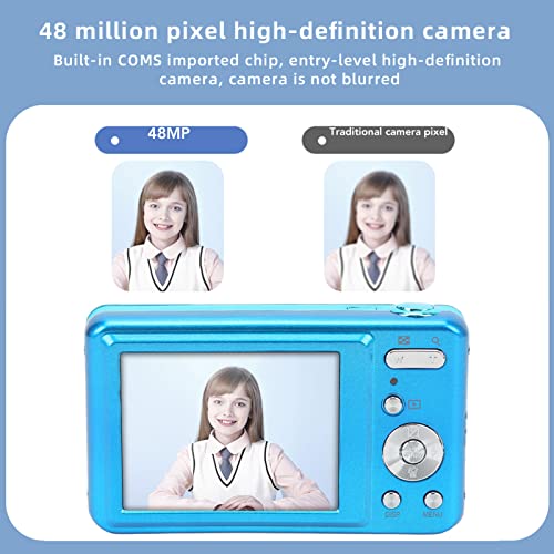 Digital Camera, 2.7in 48MP High Definition 8X Optical Zoom Portable Vlogging Camera, USB Rechargeable LED Fill Light ABS Metal Mini Compact Camera for Children, Beginners, Students, Adults(Blue)