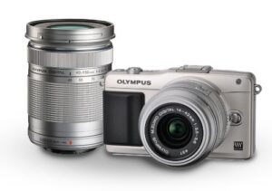 olympus e-pm2 16mp mirrorless digital camera with 14-42mm and 40-150mm two lens kit (silver) (old model)