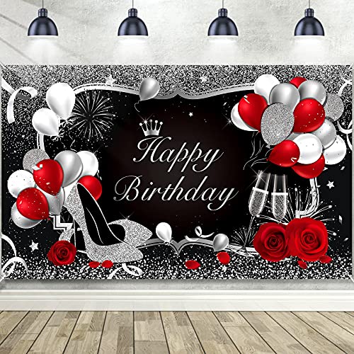 Silver and Black Happy Birthday Backdrop Happy Birthday Banner Red Large Sequin High Heels Champagne Rose Balloons Background for Women Men Party Decorations, 72.8 x 43.3 Inch