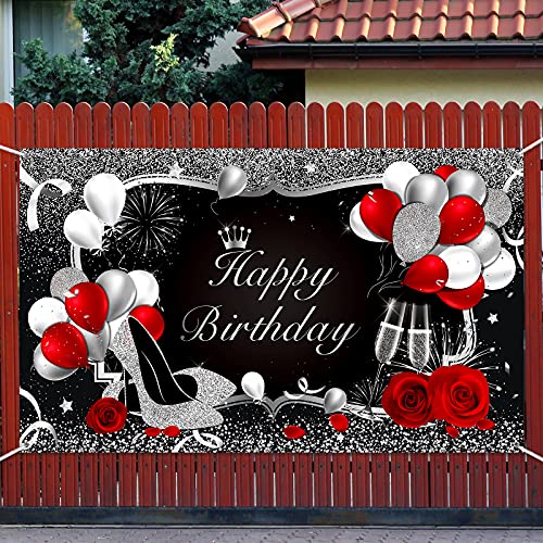 Silver and Black Happy Birthday Backdrop Happy Birthday Banner Red Large Sequin High Heels Champagne Rose Balloons Background for Women Men Party Decorations, 72.8 x 43.3 Inch