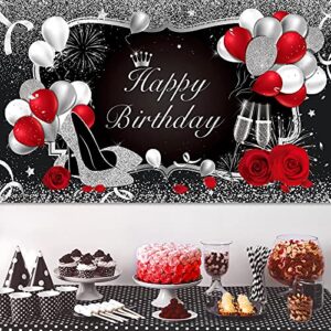 Silver and Black Happy Birthday Backdrop Happy Birthday Banner Red Large Sequin High Heels Champagne Rose Balloons Background for Women Men Party Decorations, 72.8 x 43.3 Inch