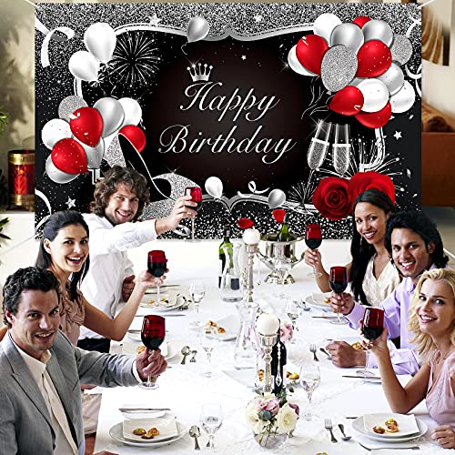 Silver and Black Happy Birthday Backdrop Happy Birthday Banner Red Large Sequin High Heels Champagne Rose Balloons Background for Women Men Party Decorations, 72.8 x 43.3 Inch