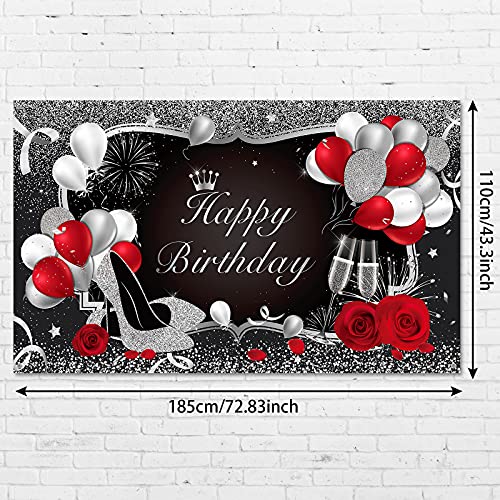 Silver and Black Happy Birthday Backdrop Happy Birthday Banner Red Large Sequin High Heels Champagne Rose Balloons Background for Women Men Party Decorations, 72.8 x 43.3 Inch