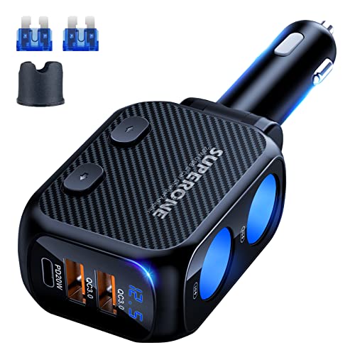 SUPERONE 180W Cigarette Lighter Splitter with 20W PD, 2-Socket Cigarette Lighter Adapter, Fast USB C Car Charger with Type-C 20W PD & QC 3.0 for Dash Cam, GPS, Laptop/iPad/iPhone 14/13/12/11/X/Samsung